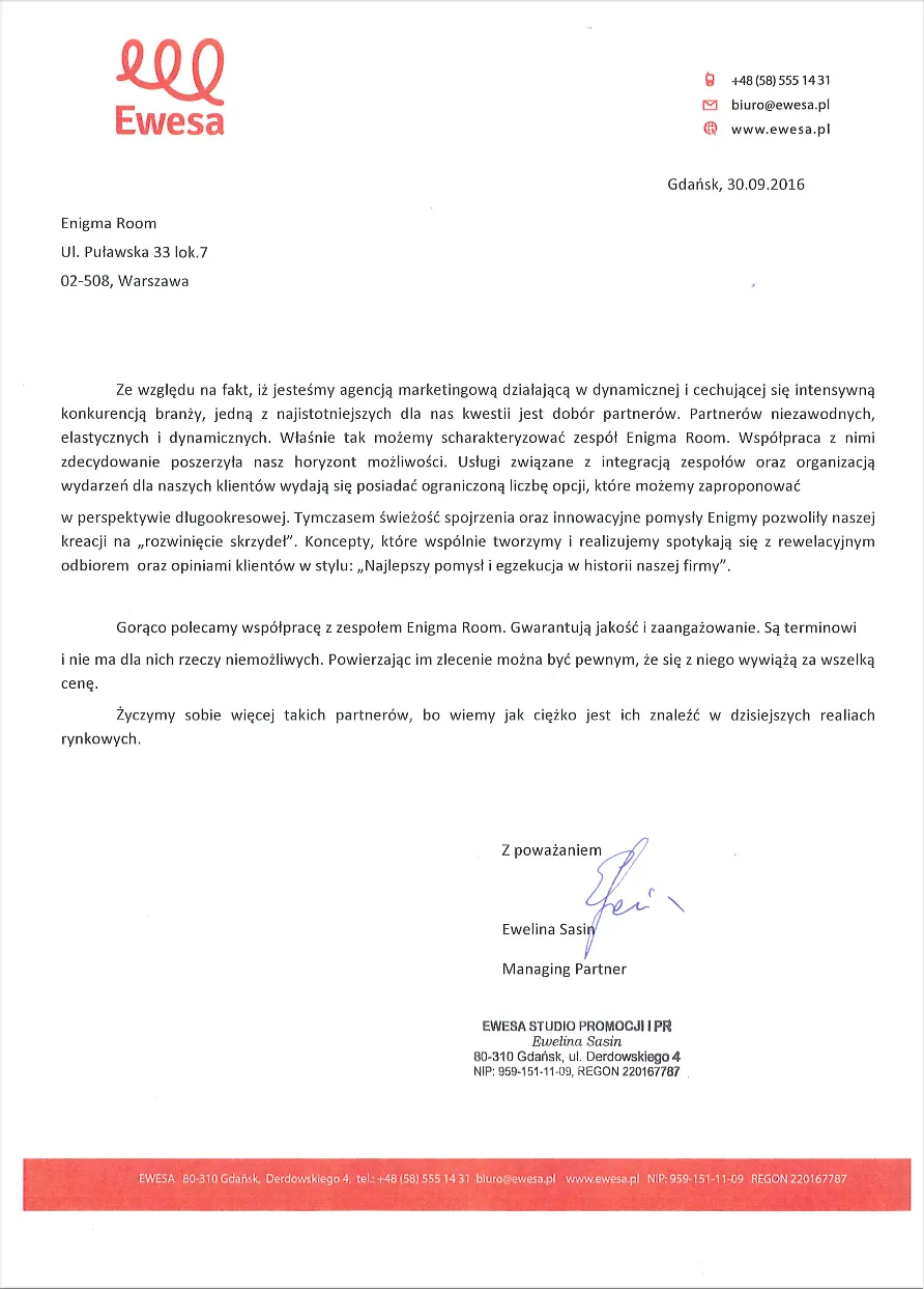 Referencje od firmy Ewesa